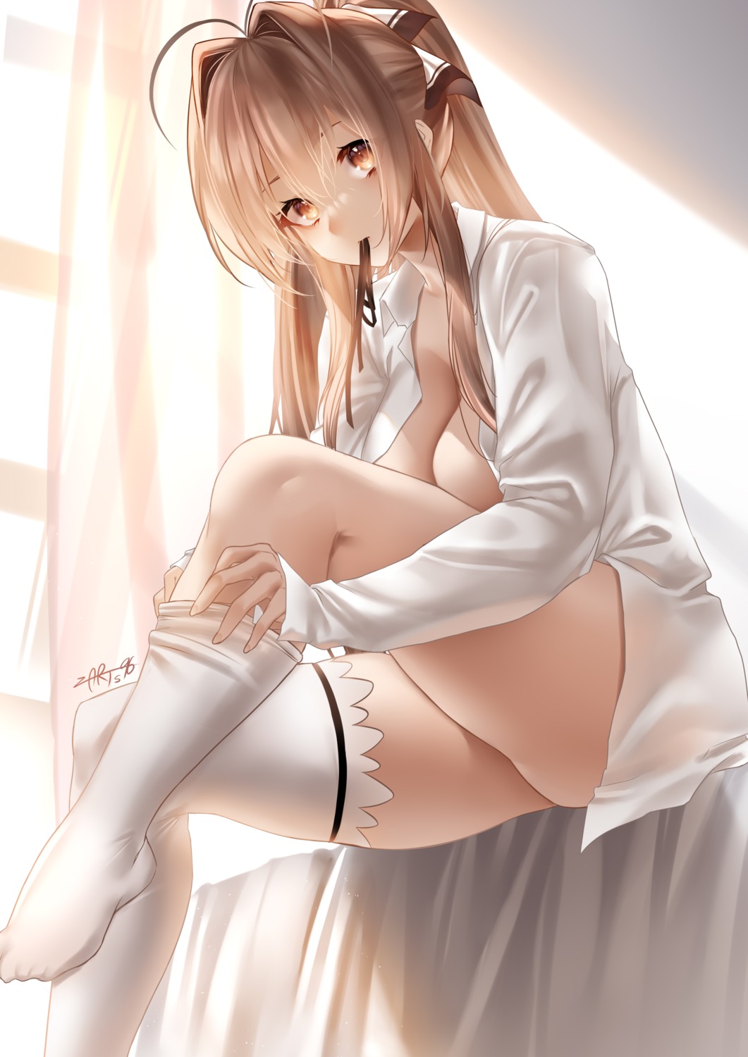 amagi_brilliant_park dress_shirt no_bra open_shirt see_through sento_isuzu thighhighs undressing zasshu