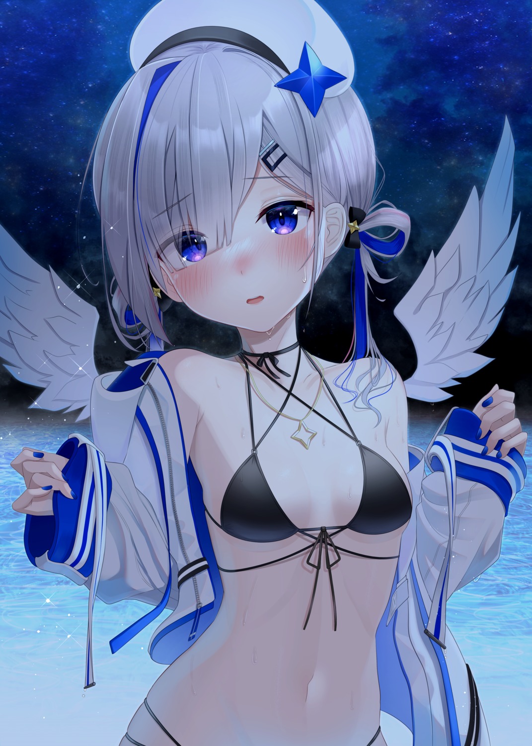 amane_kanata angel bikini hololive kachikachipiroo open_shirt swimsuits wings