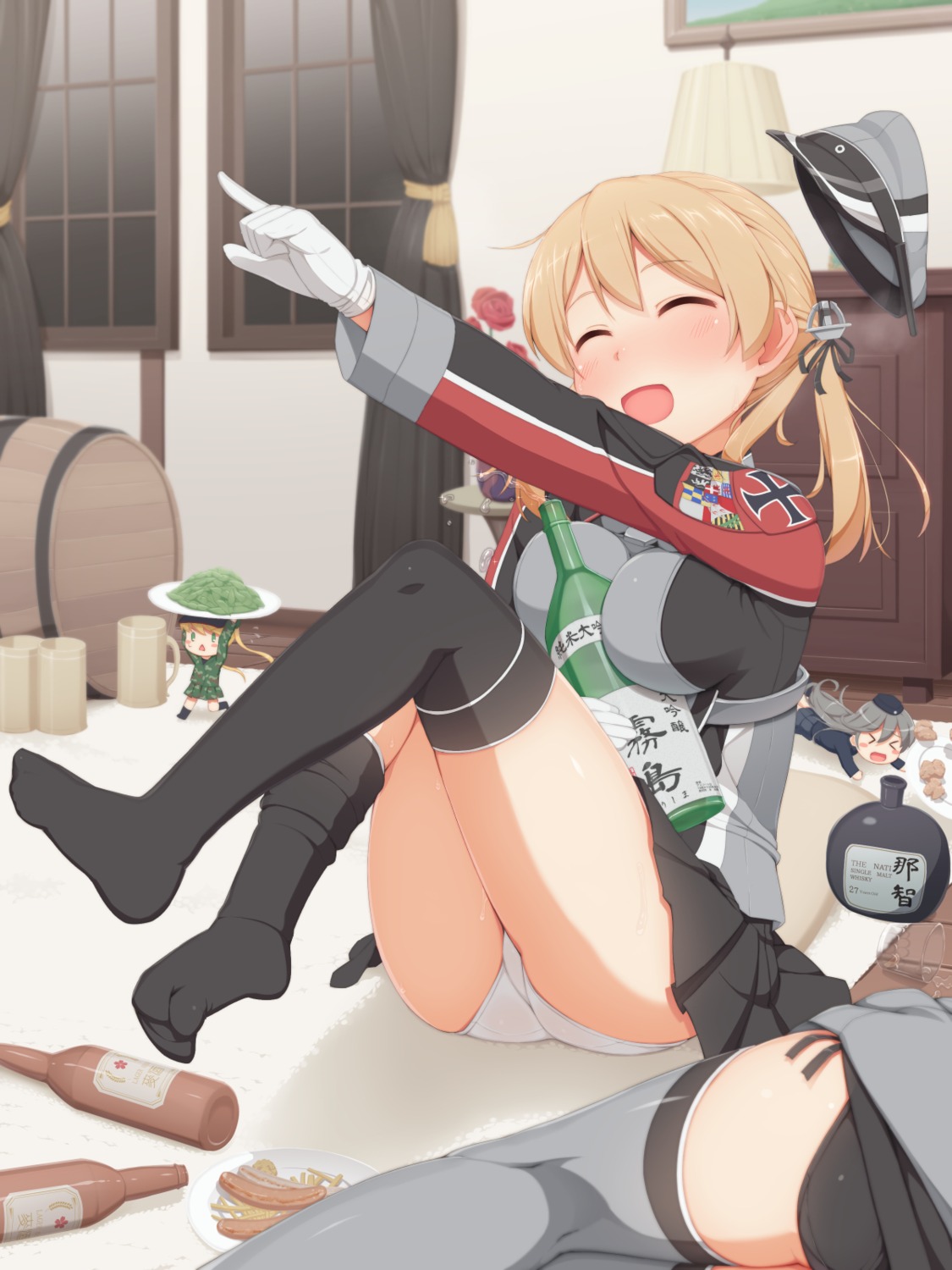 bismarck_(kancolle) fairy_(kancolle) kantai_collection pantsu prinz_eugen_(kancolle) string_panties tachimi_(basue) thighhighs uniform