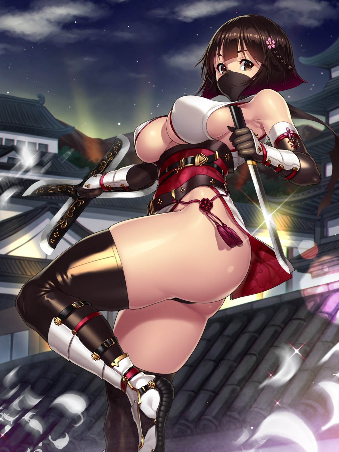 ass cleavage erect_nipples houtengeki ninja no_bra sword thighhighs underboob weapon