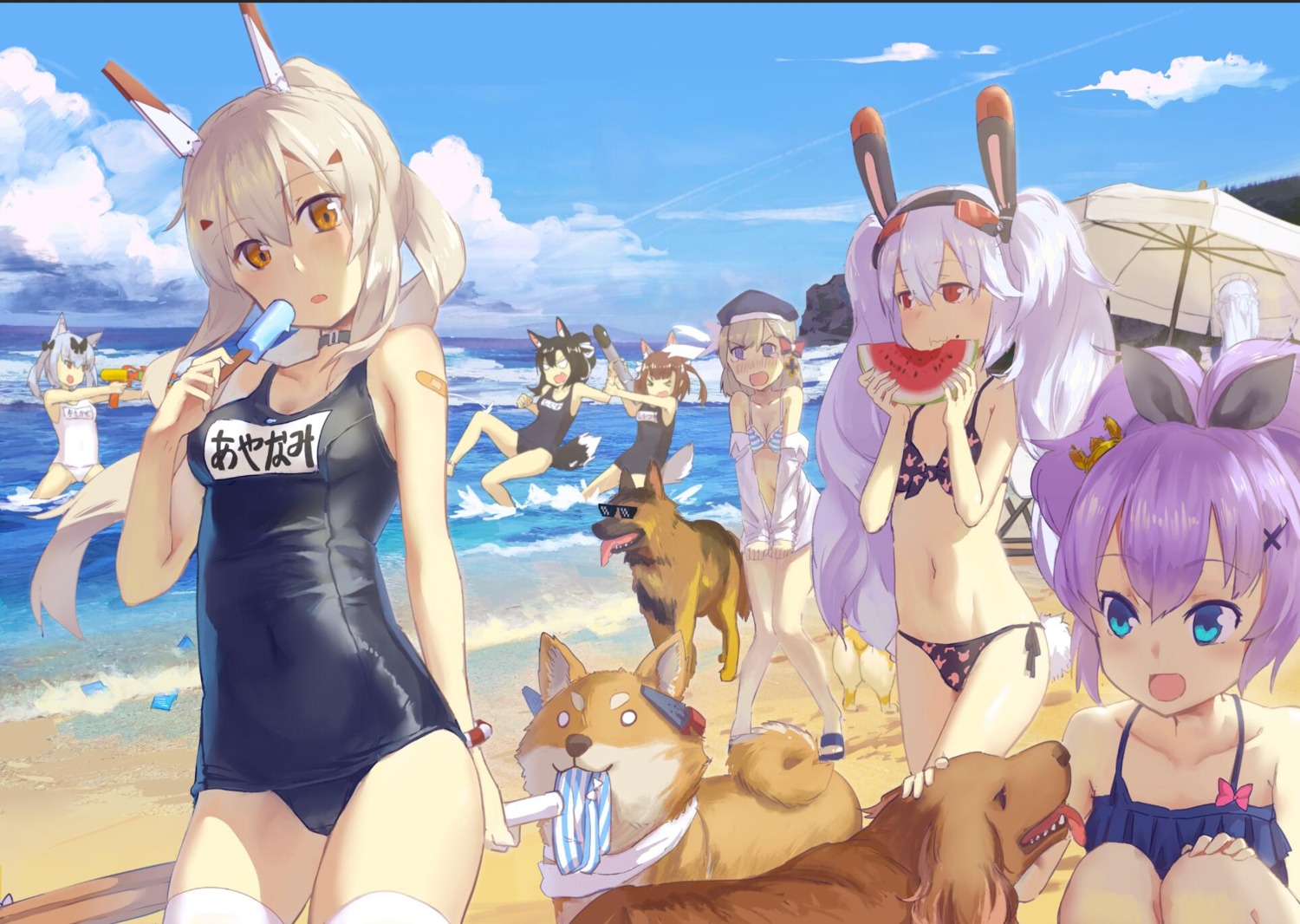 animal_ears ayanami_(azur_lane) azur_lane bandaid bikini bikini_top bunny_ears cameltoe gun javelin_(azur_lane) laffey_(azur_lane) loli open_shirt school_swimsuit swimsuits tagme tail thighhighs wet z23_(azur_lane)