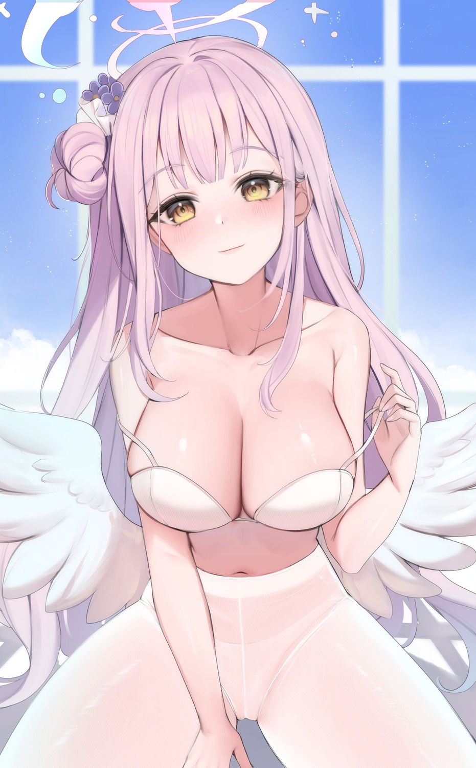 angel blue_archive bra misono_mika pantsu pantyhose ropu_(ropu_10) see_through undressing wings