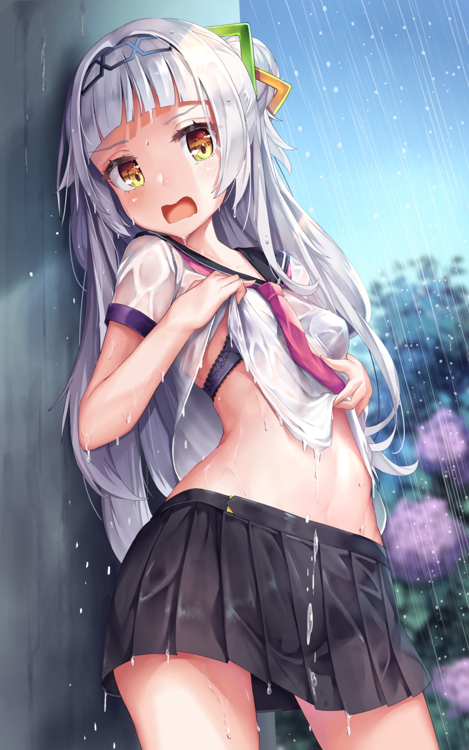 bra hololive mogmog murasaki_shion see_through seifuku shirt_lift undressing wet wet_clothes