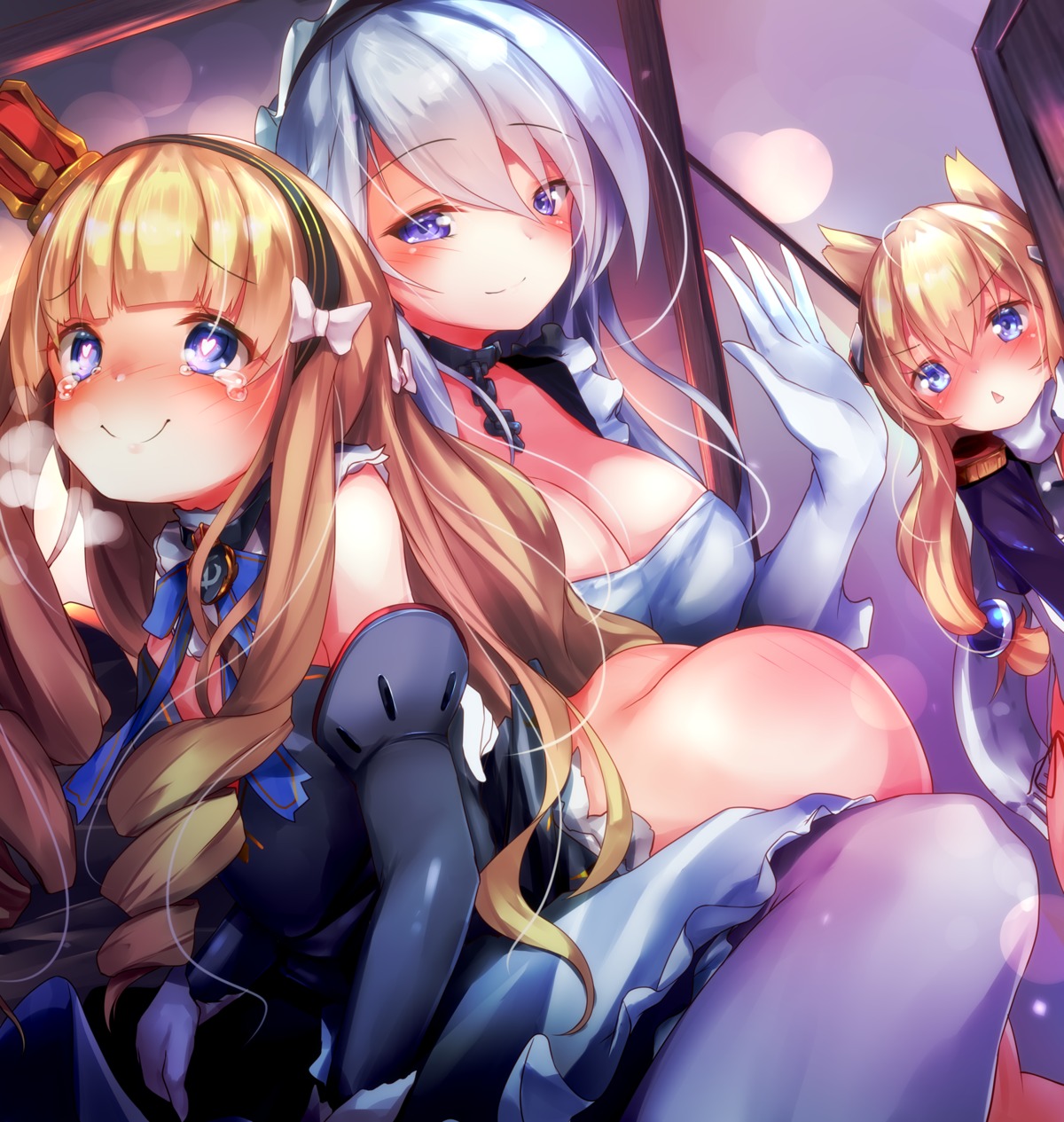 azur_lane belfast_(azur_lane) cleavage maid matamataro nopan pantsu queen_elizabeth_(azur_lane) skirt_lift string_panties warspite_(azur_lane) yuri