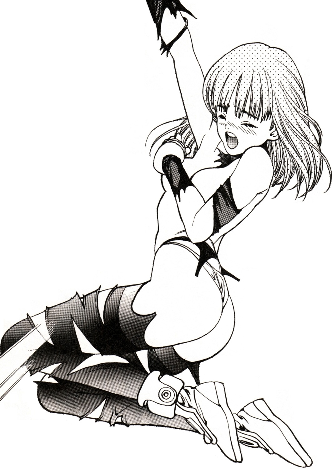 ass hosokawa_lime katsura_masakazu monochrome shadow_lady spark_girl thighhighs torn_clothes