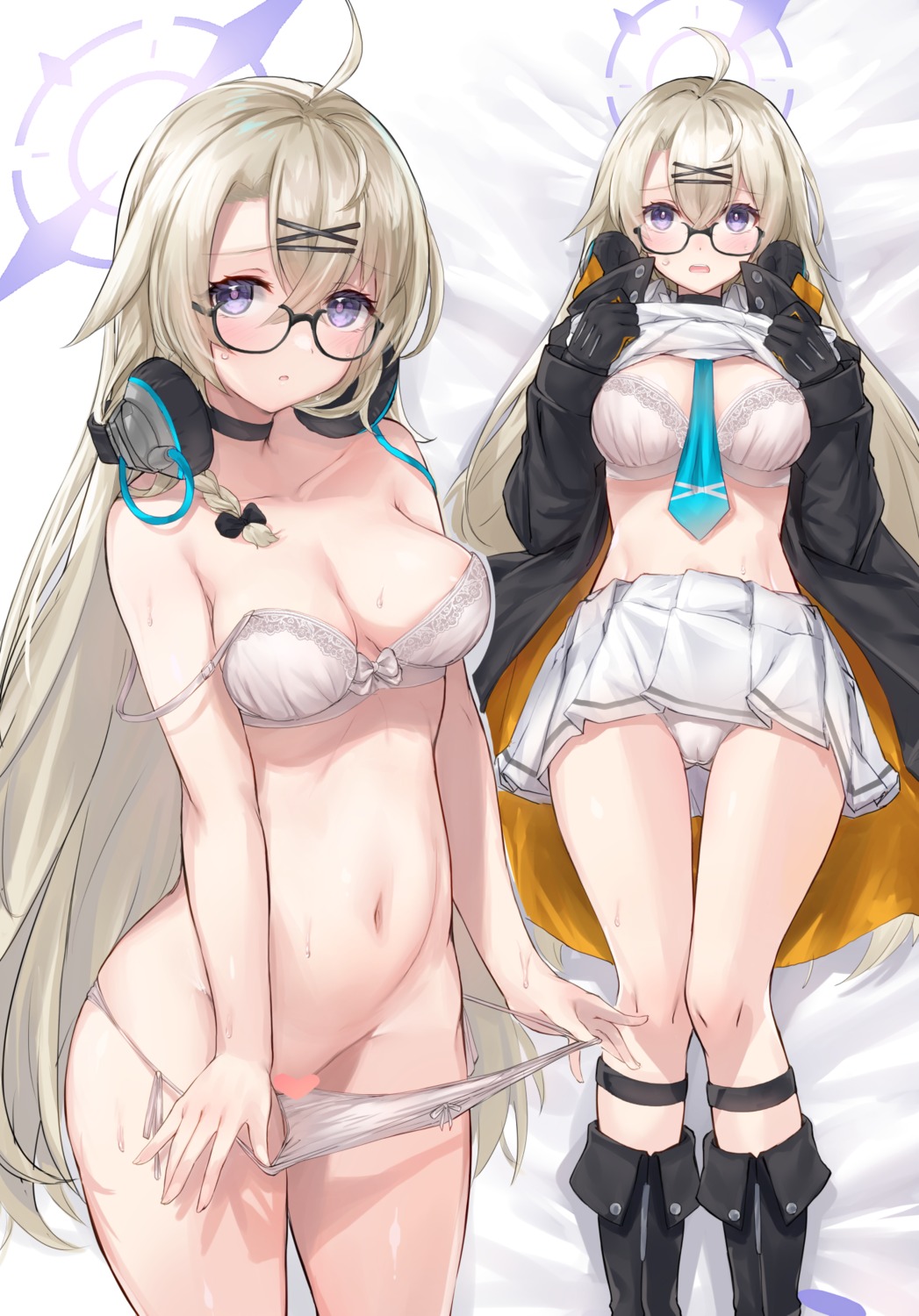 blue_archive bra censored halo headphones megane otose_kotama pantsu panty_pull shirt_lift skirt_lift string_panties undressing yoi_naosuke