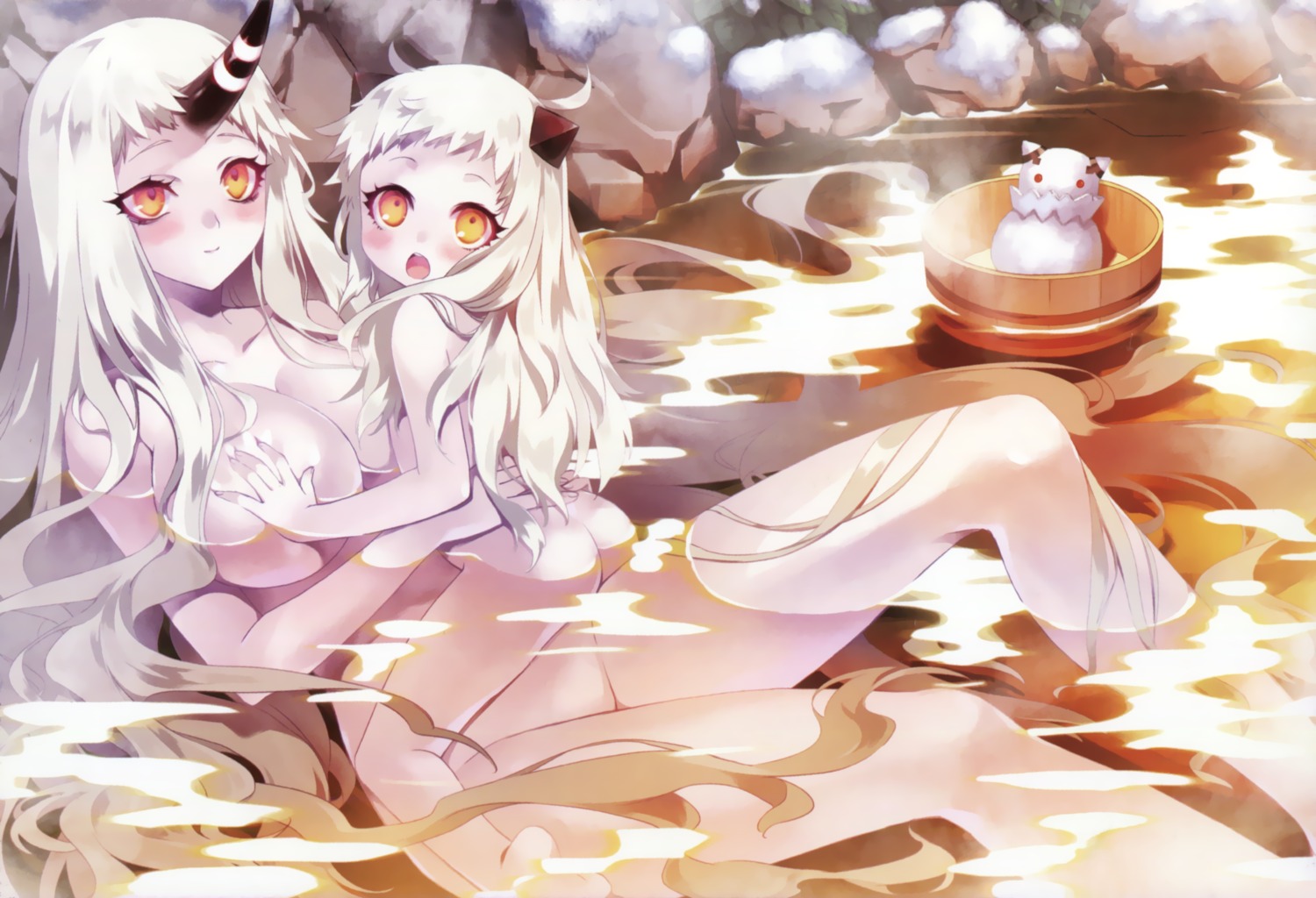 ass breast_hold carnelian horns kantai_collection loli naked northern_ocean_hime onsen seaport_hime wet