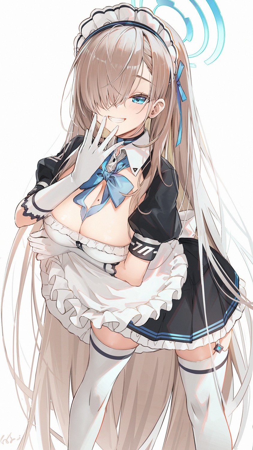 baisi_shaonian blue_archive halo ichinose_asuna maid no_bra stockings thighhighs