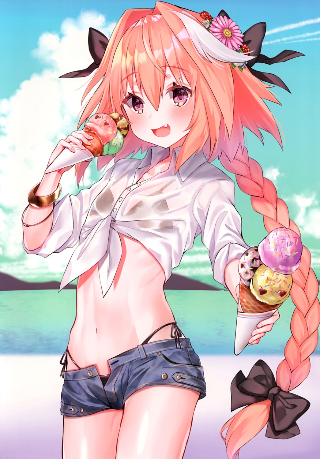 astolfo_(fate) bikini dress_shirt fate/grand_order see_through shirt_lift suzuho_hotaru swimsuits trap wet_clothes