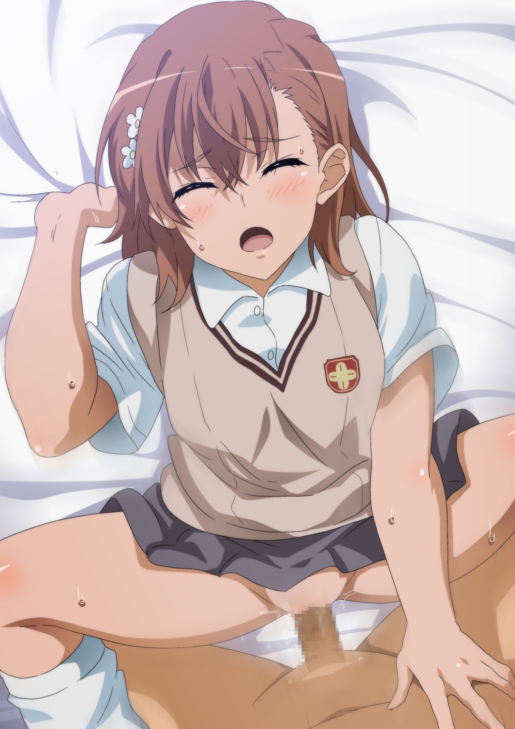 censored hara_(harayutaka) misaka_mikoto nopan penis pussy pussy_juice seifuku sex skirt_lift sweater to_aru_kagaku_no_railgun to_aru_majutsu_no_index