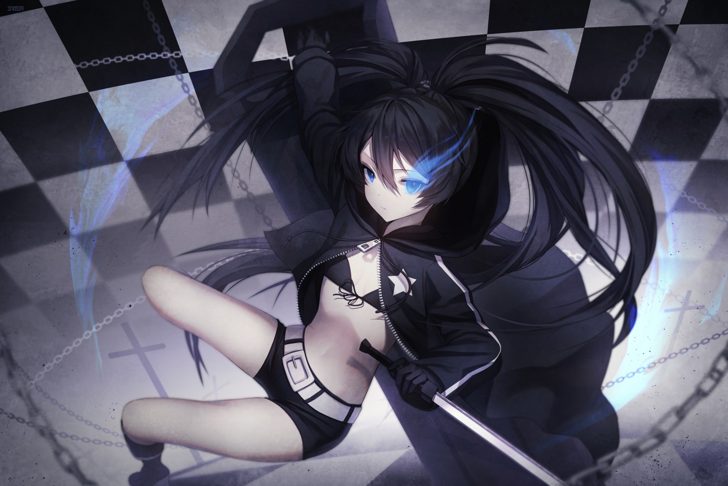 bikini_top black_rock_shooter black_rock_shooter_(character) inosia open_shirt swimsuits sword