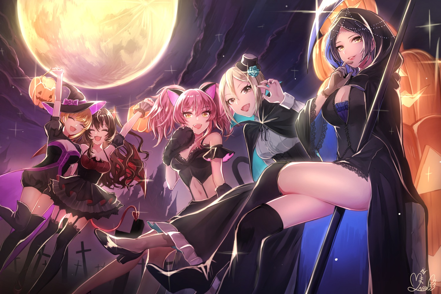 animal_ears cleavage dress halloween hayami_kanade horns ichinose_shiki jougasaki_mika mairo miyamoto_frederica nekomimi shiomi_shuuko stockings tail the_idolm@ster the_idolm@ster_cinderella_girls thighhighs wings witch