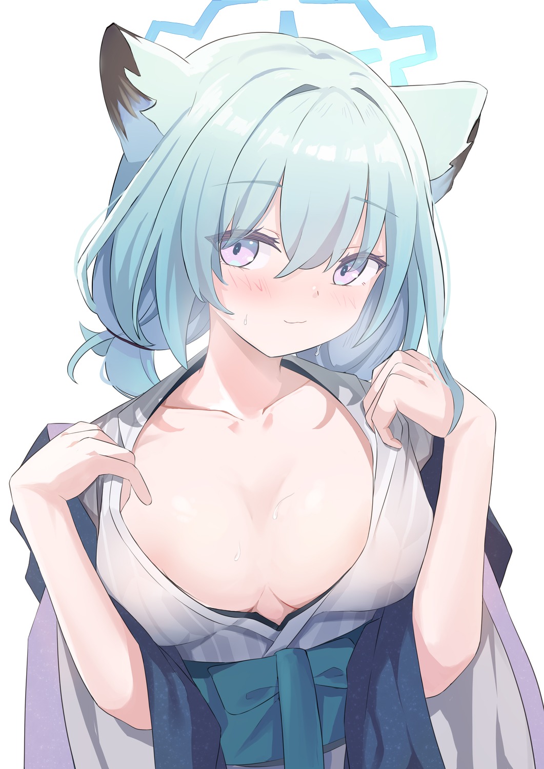 animal_ears blue_archive chun_jiang halo mayoi_shigure no_bra open_shirt undressing yukata