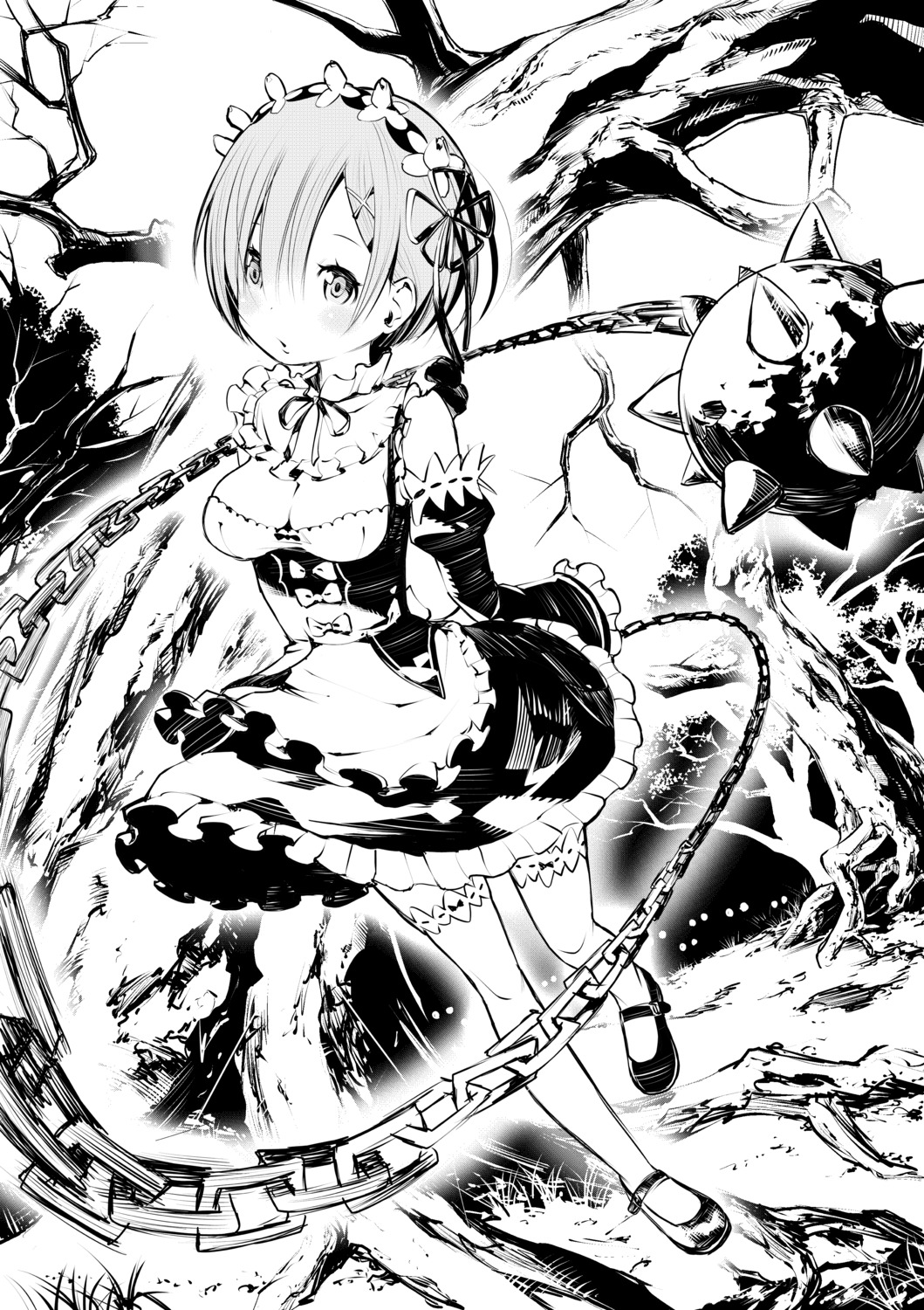 cleavage fukushima_masayasu maid monochrome re_zero_kara_hajimeru_isekai_seikatsu rem_(re_zero) thighhighs weapon