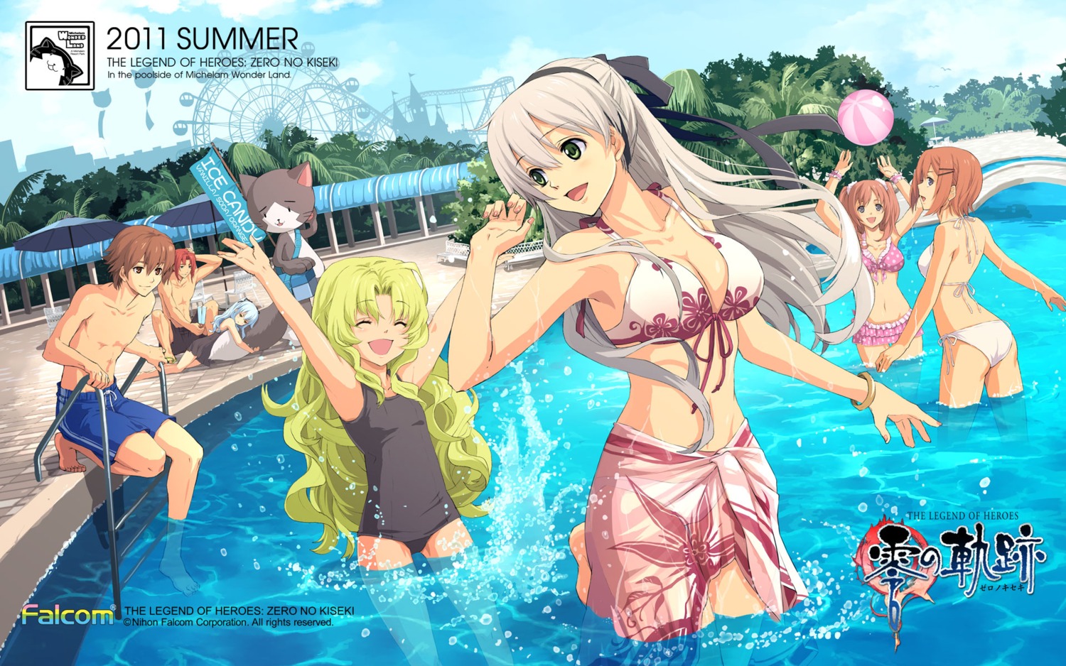 bikini cleavage eiyuu_densetsu eiyuu_densetsu:_zero_no_kiseki elie_macdowell enami_katsumi falcom fran_seeker kea lloyd_bannings noel_seeker randy_orlando school_swimsuit swimsuits tio_plato wallpaper