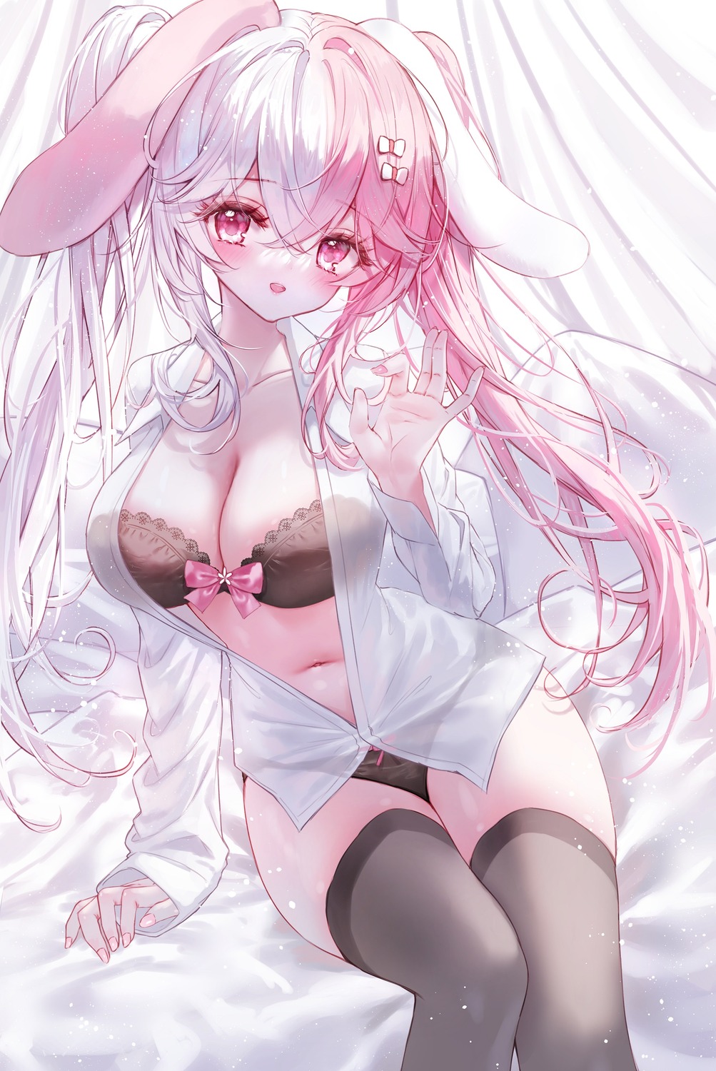 animal_ears bra bunny_ears dress_shirt open_shirt pantsu see_through tandohark thighhighs