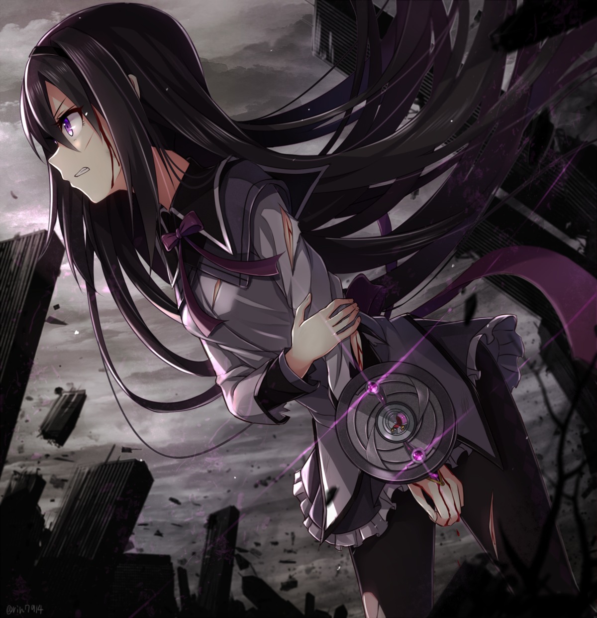 akemi_homura blood dress pantyhose puella_magi_madoka_magica rin_yuu torn_clothes