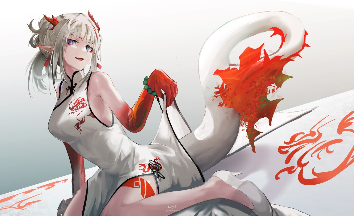 arknights chinadress heels hiyaori_(hiyahiyaval) horns nian_(arknights) pointy_ears skirt_lift tail tattoo