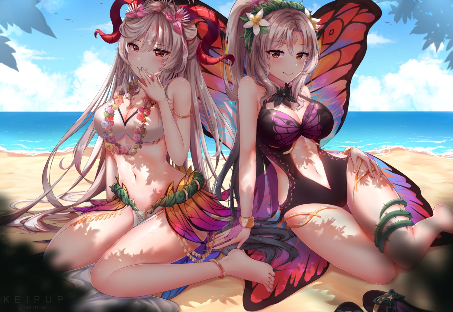 bikini cleavage fire_emblem fire_emblem_heroes freyja_(fire_emblem) garter horns keipup plumeria_(fire_emblem) swimsuits wings