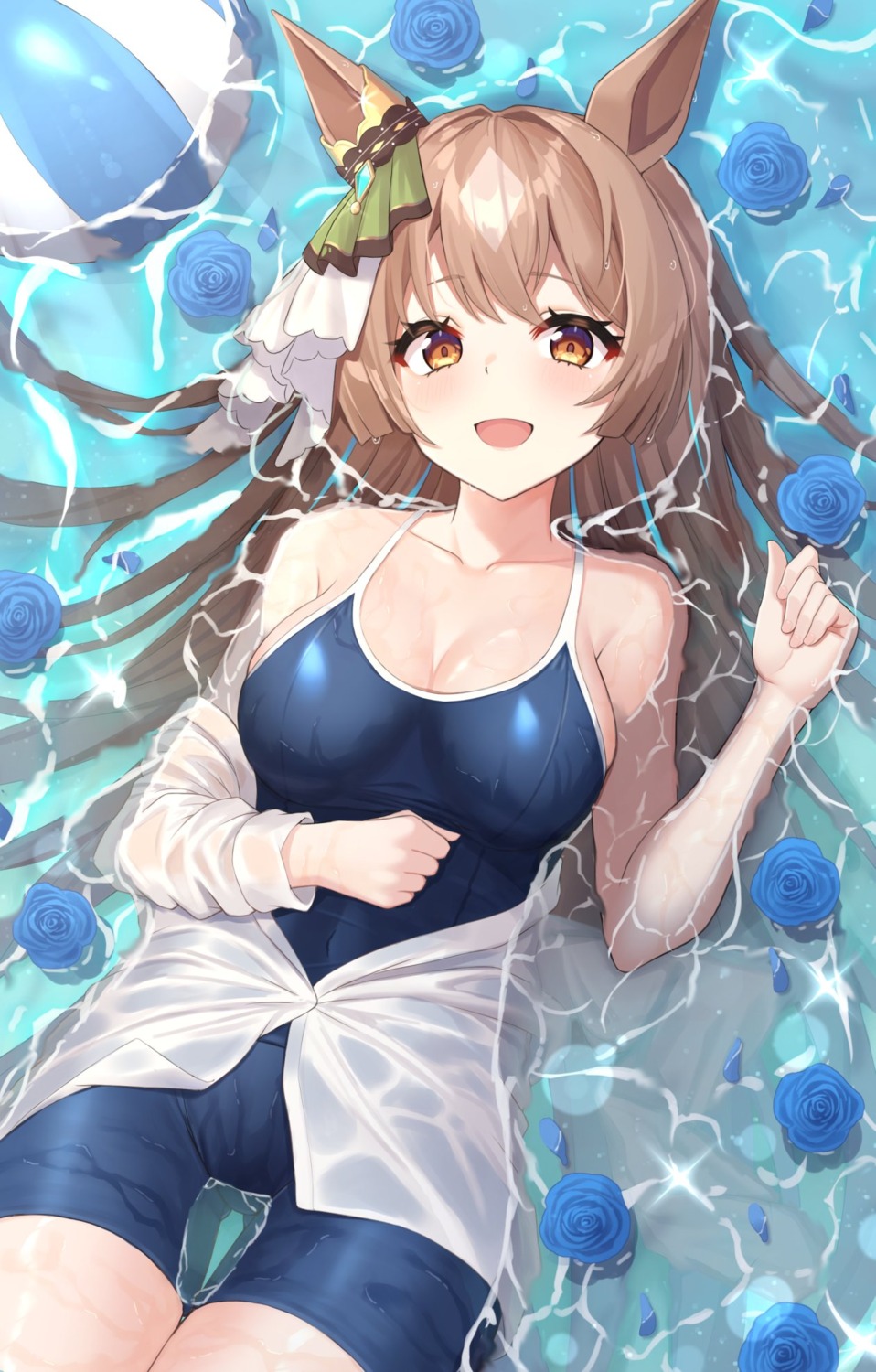 animal_ears dress_shirt mutenka_(plfgb) satono_diamond_(umamusume) school_swimsuit see_through swimsuits uma_musume_pretty_derby wet wet_clothes