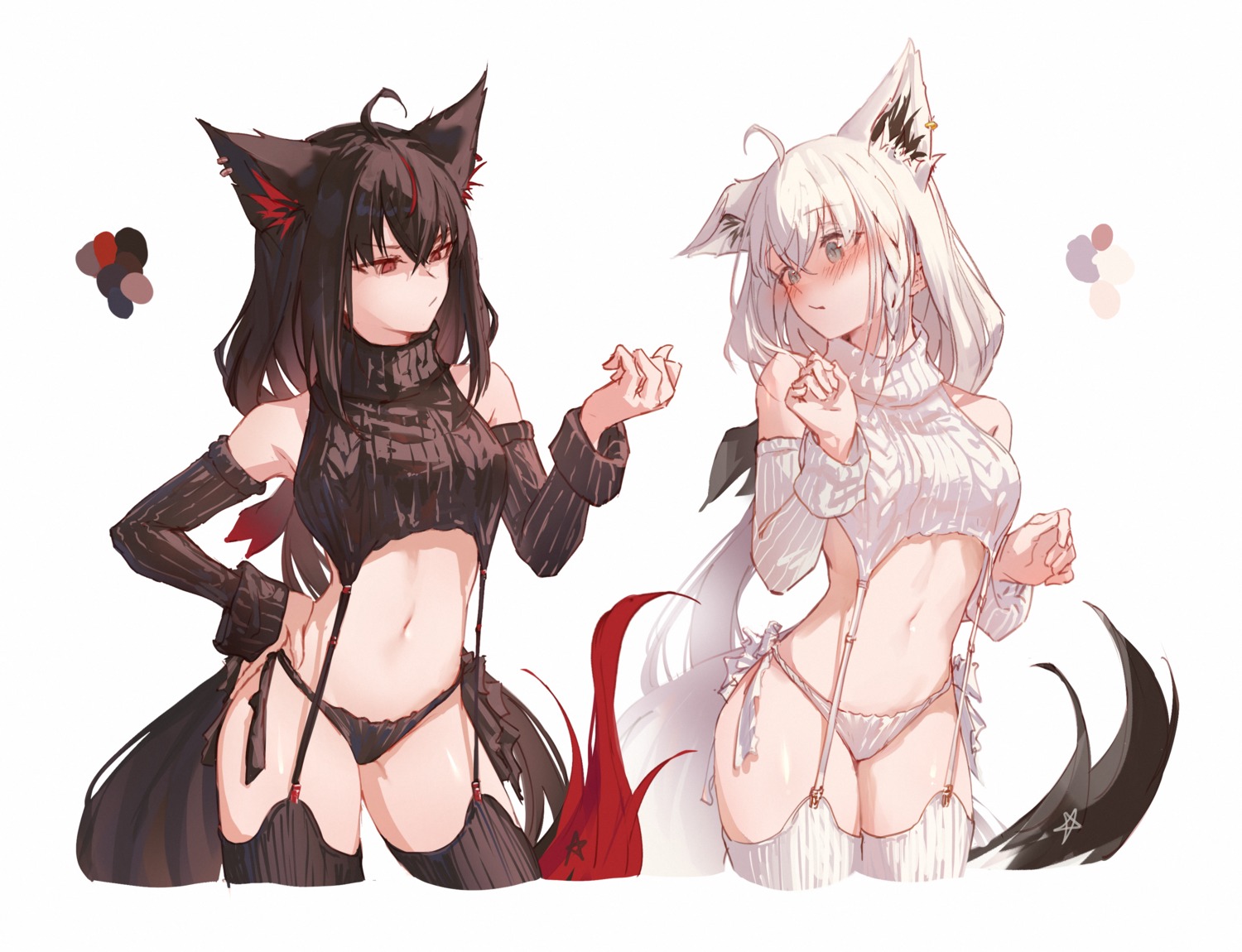 animal_ears hololive hololive_gamers hyde_(tabakko) kitsune kurokami_fubuki lingerie shirakami_fubuki stockings sweater tail thighhighs thong