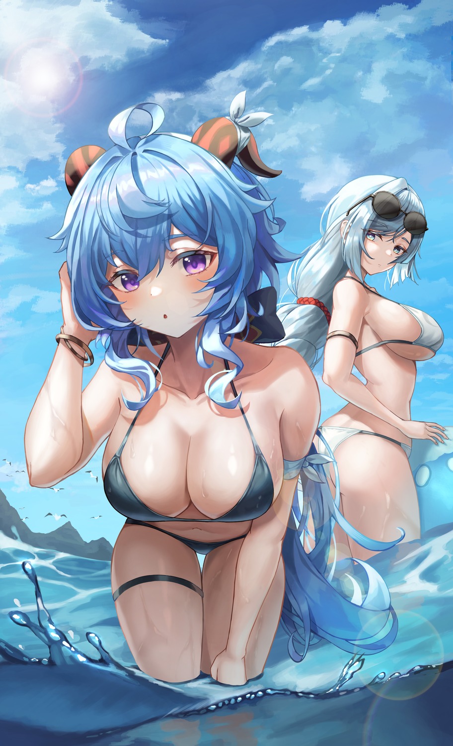 ass_grab bikini ganyu garter genshin_impact horns megane shenhe slime_nyang swimsuits thong wet