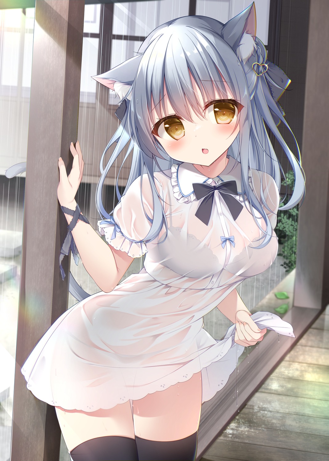 animal_ears bra dress nekomimi pantsu see_through shirosei_mochi tail thighhighs wet wet_clothes