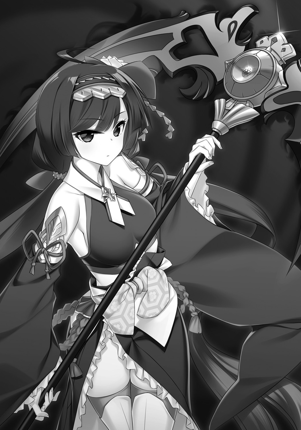 japanese_clothes madan_no_ou_to_michelia madan_no_ou_to_vanadis miyatsuki_itsuka monochrome thighhighs weapon