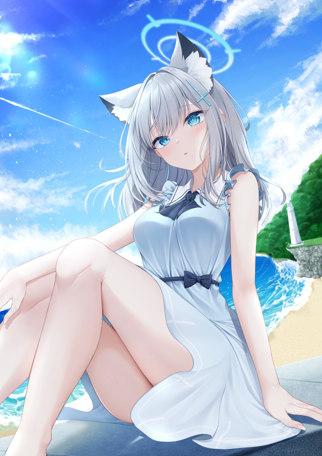 animal_ears blue_archive dress halo nagura_shiro nekomimi skirt_lift summer_dress sunaookami_shiroko