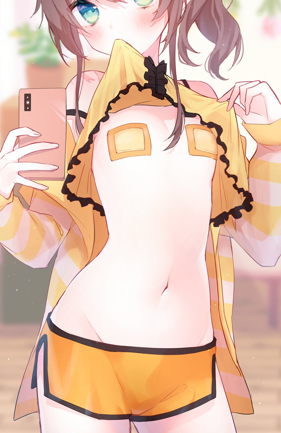 bandaid breasts chiyomaru hololive natsuiro_matsuri no_bra pasties shirt_lift