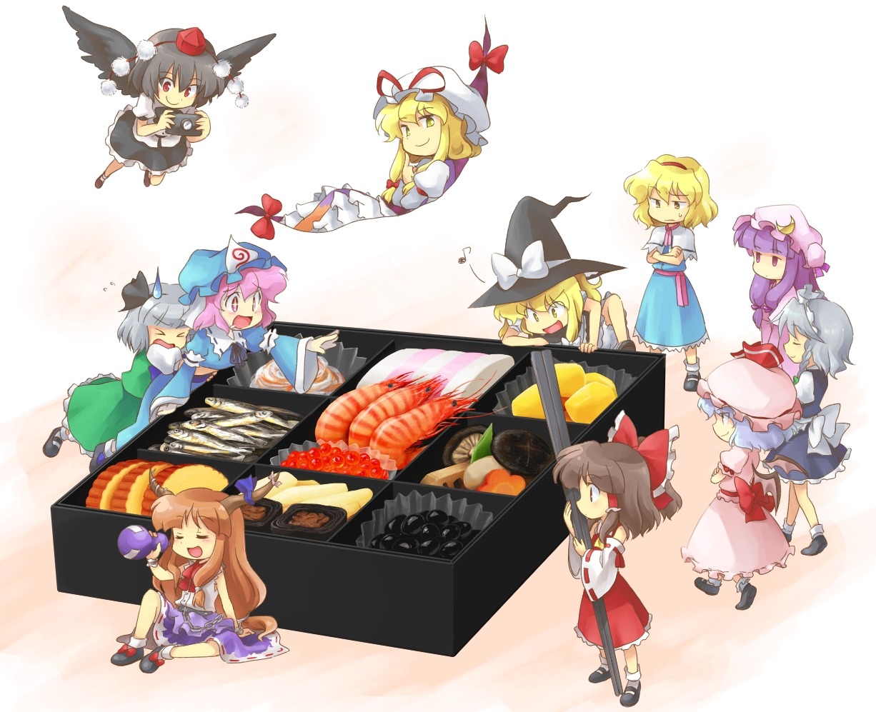 alice_margatroid chibi hakurei_reimu hanjuku_tomato ibuki_suika izayoi_sakuya kirisame_marisa konpaku_youmu patchouli_knowledge remilia_scarlet saigyouji_yuyuko shameimaru_aya touhou wings yakumo_yukari