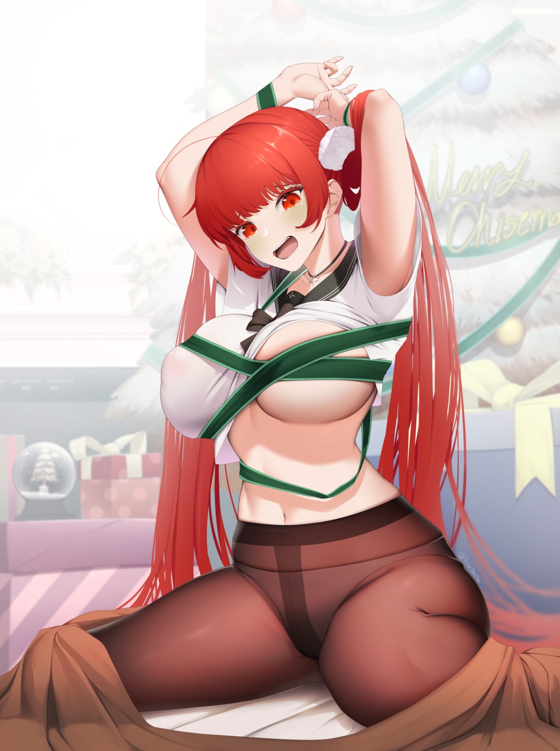 areola azur_lane bondage breasts christmas erect_nipples foria_sensei honolulu_(azur_lane) no_bra pantsu pantyhose see_through seifuku shirt_lift