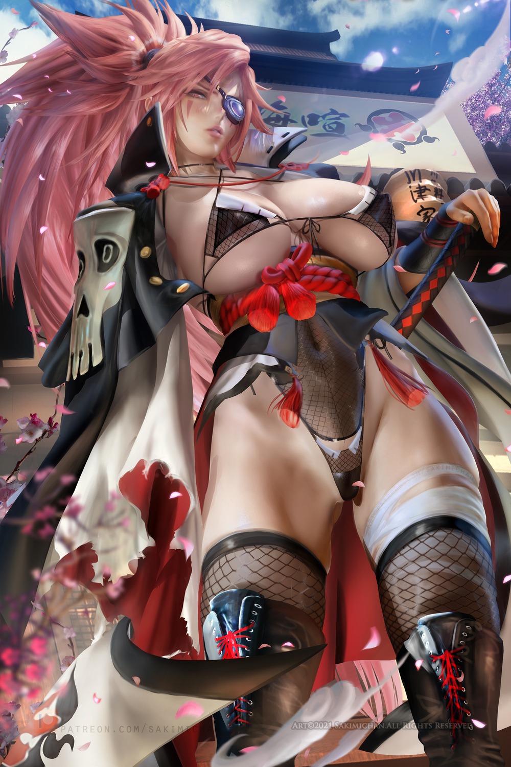 baiken eyepatch fishnets guilty_gear_strive sakimichan sword thighhighs