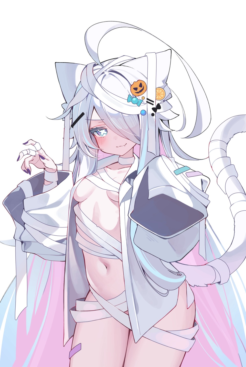 animal_ears bandages bandaid bottomless dress_shirt loli nekomimi no_bra open_shirt tail verslll