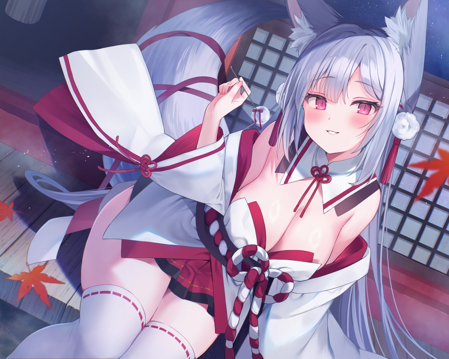 animal_ears ebihara_beniko kitsune miko no_bra raro tail thighhighs