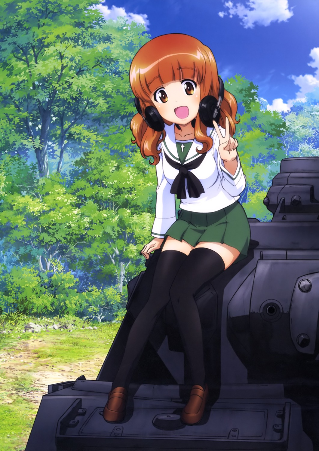 girls_und_panzer headphones seifuku takebe_saori thighhighs weapon