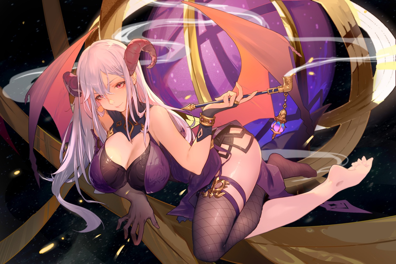 cleavage dm_(dai_miao) fishnets garter horns masterwork_apocalypse thighhighs wings
