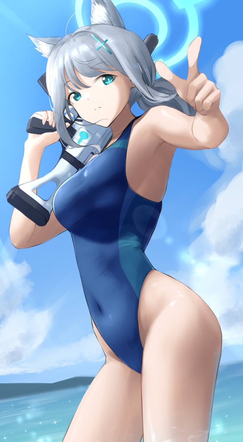 animal_ears blue_archive gun halo nekomimi oka_yuto sunaookami_shiroko swimsuits