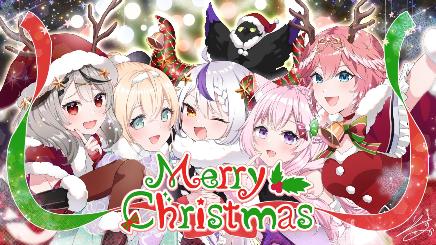 animal_ears christmas crow_(la+_darknesss) dress hakui_koyori hololive horns isuka kazama_iroha la+_darknesss sakamata_chloe takane_lui wings