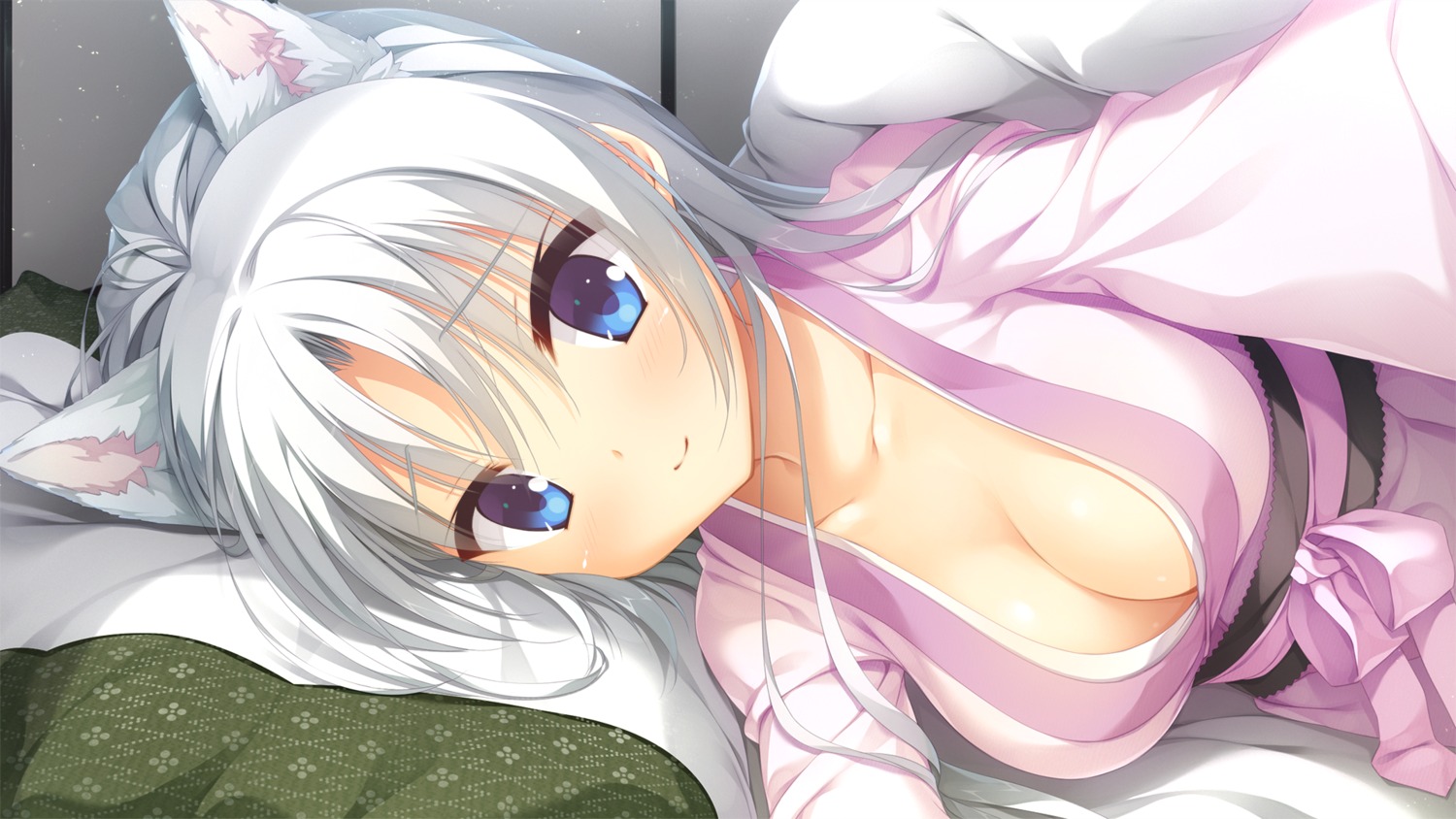 animal_ears cleavage game_cg japanese_clothes kobuichi no_bra open_shirt senren_banka tomotake_yoshino yuzu-soft