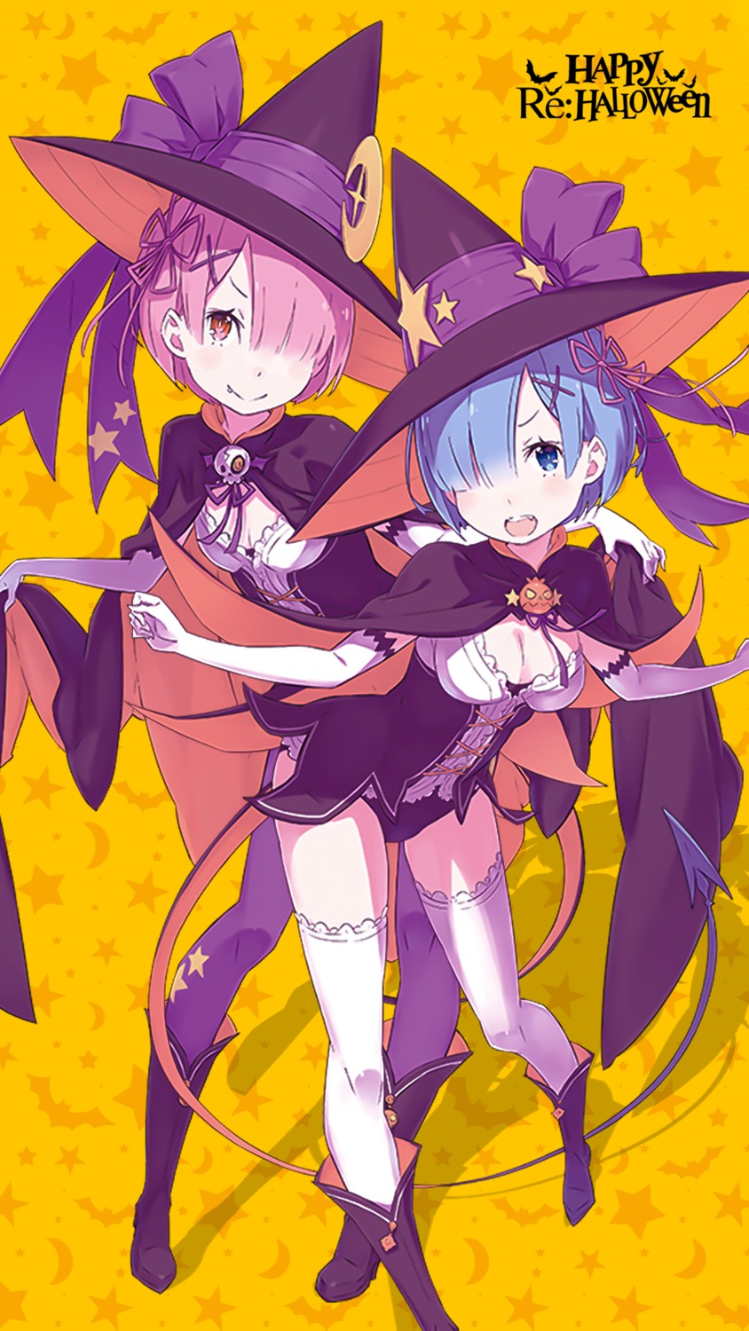 cleavage halloween heels ootsuka_shinichirou overfiltered pantyhose ram_(re_zero) re_zero_kara_hajimeru_isekai_seikatsu rem_(re_zero) tail thighhighs upscaled witch