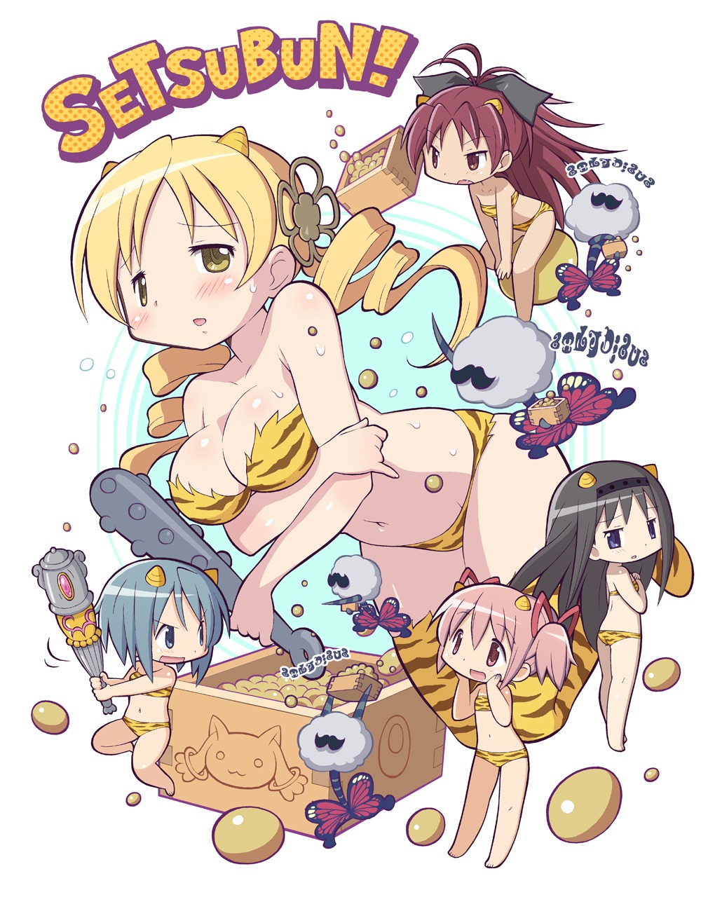 akemi_homura bikini breast_hold cleavage gecchu kaname_madoka kyubey miki_sayaka puella_magi_madoka_magica sakura_kyouko swimsuits tomoe_mami