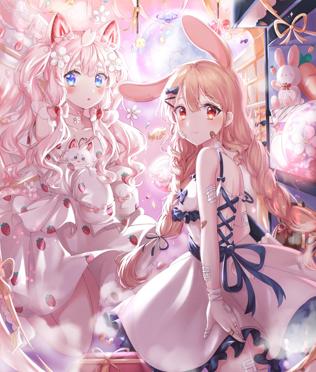 animal_ears bandaid bunny_ears dress nekomimi skirt_lift tail umyo_(uu_o3o_8)