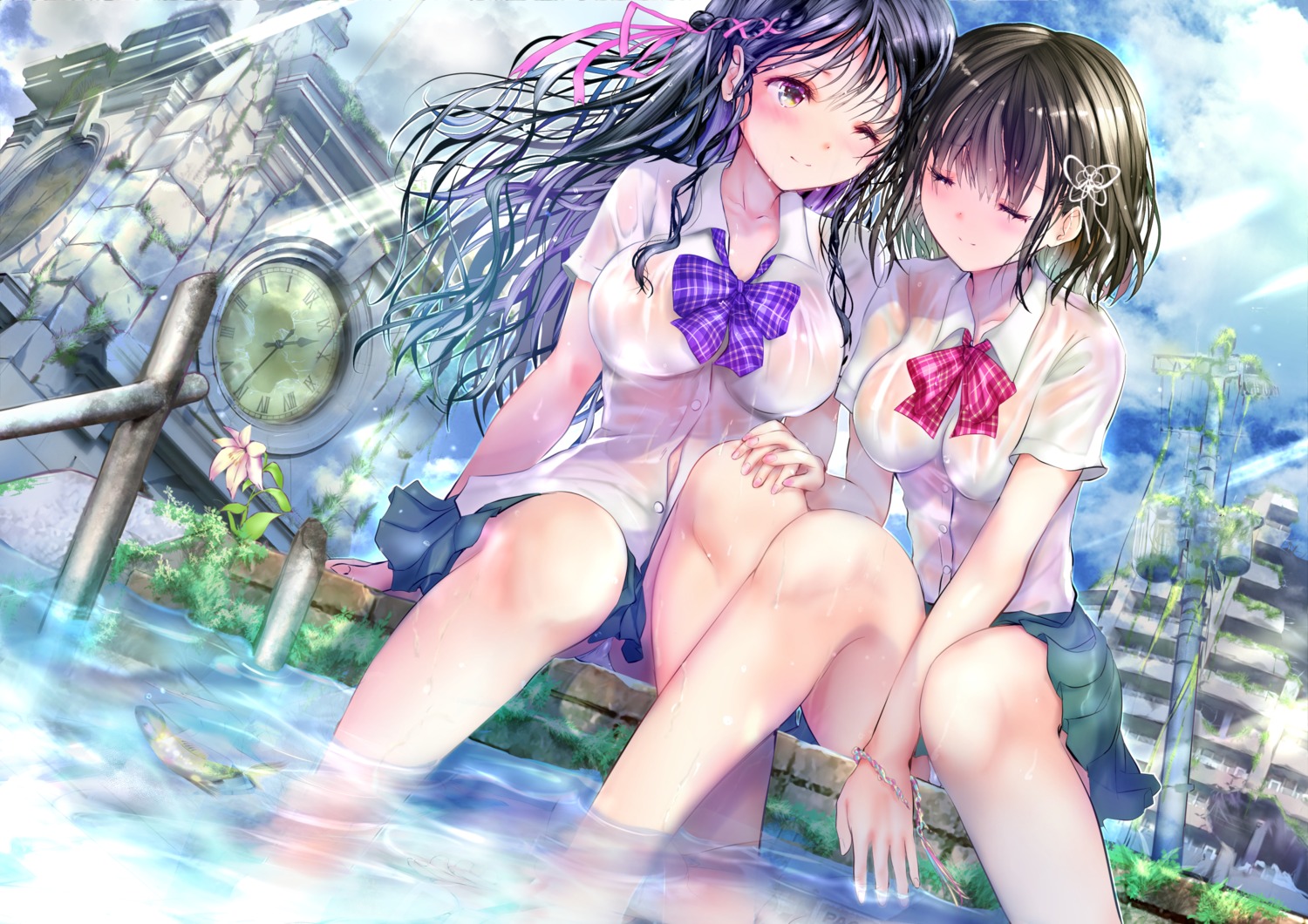 no_bra ogata_tei pantsu see_through seifuku wet wet_clothes yuri