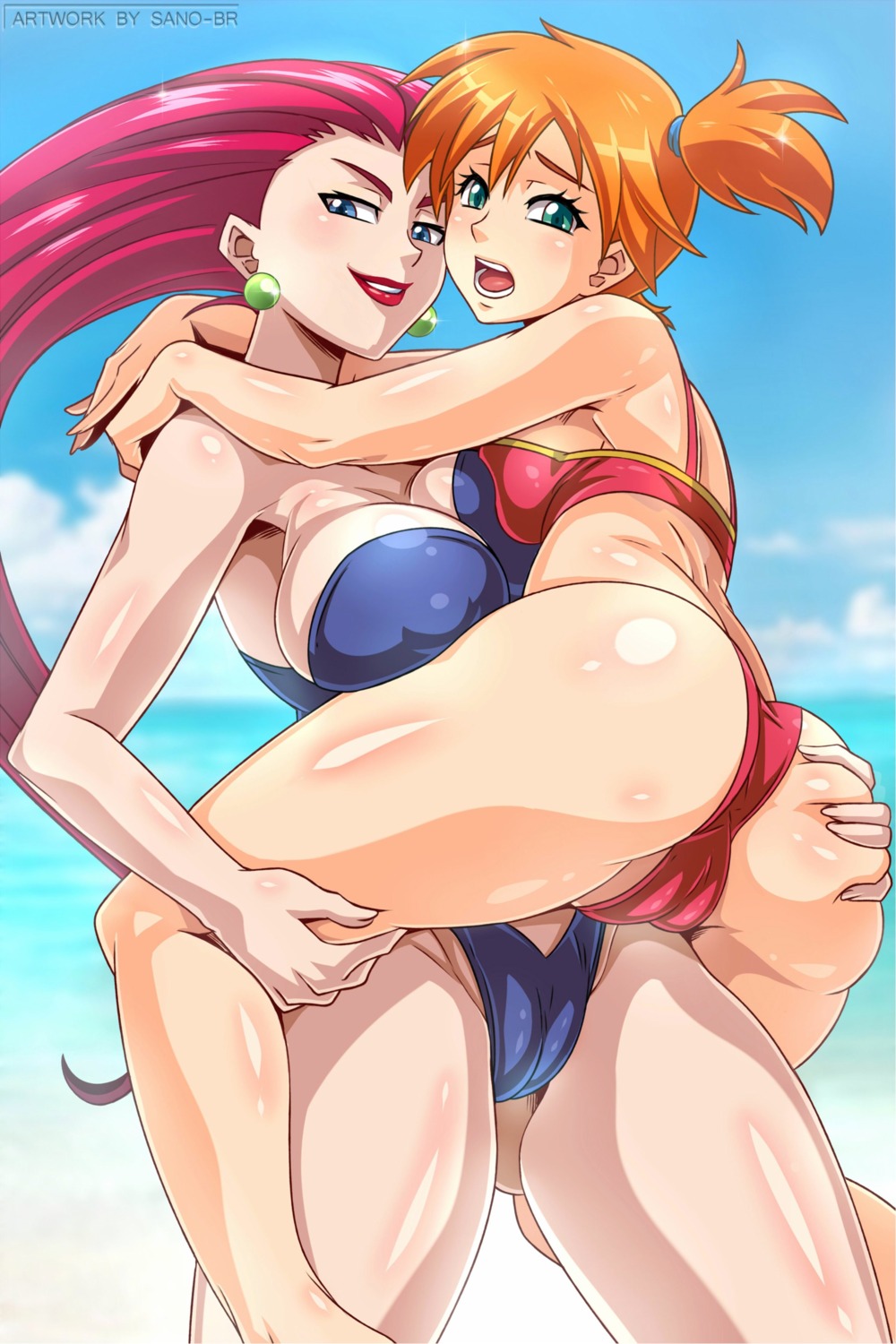 ass ass_grab bikini cameltoe erect_nipples kasumi_(pokemon) musashi_(pokemon) pokemon pokemon_frlg pokemon_rgby sano_br swimsuits yuri