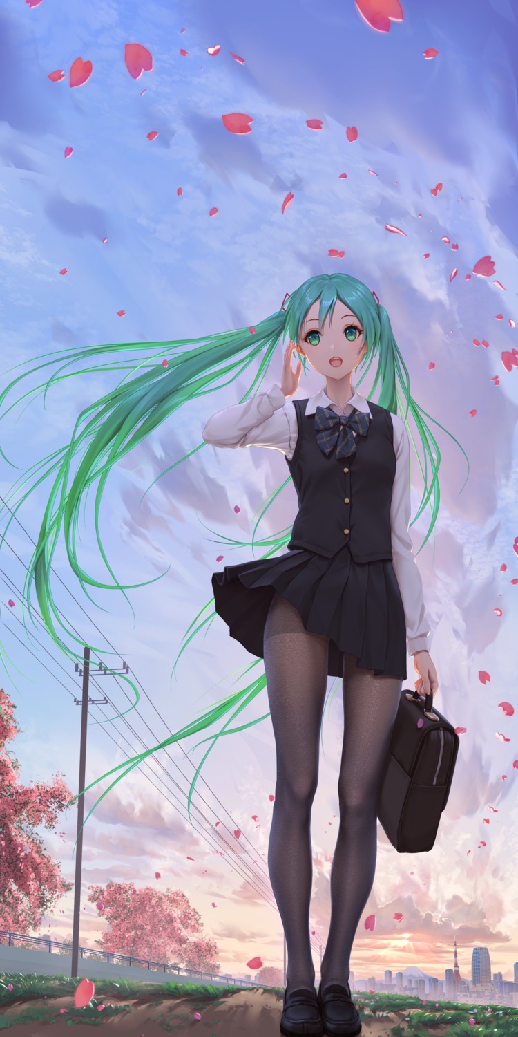 hatsune_miku pantyhose seifuku skirt_lift tokinohimitsu vocaloid