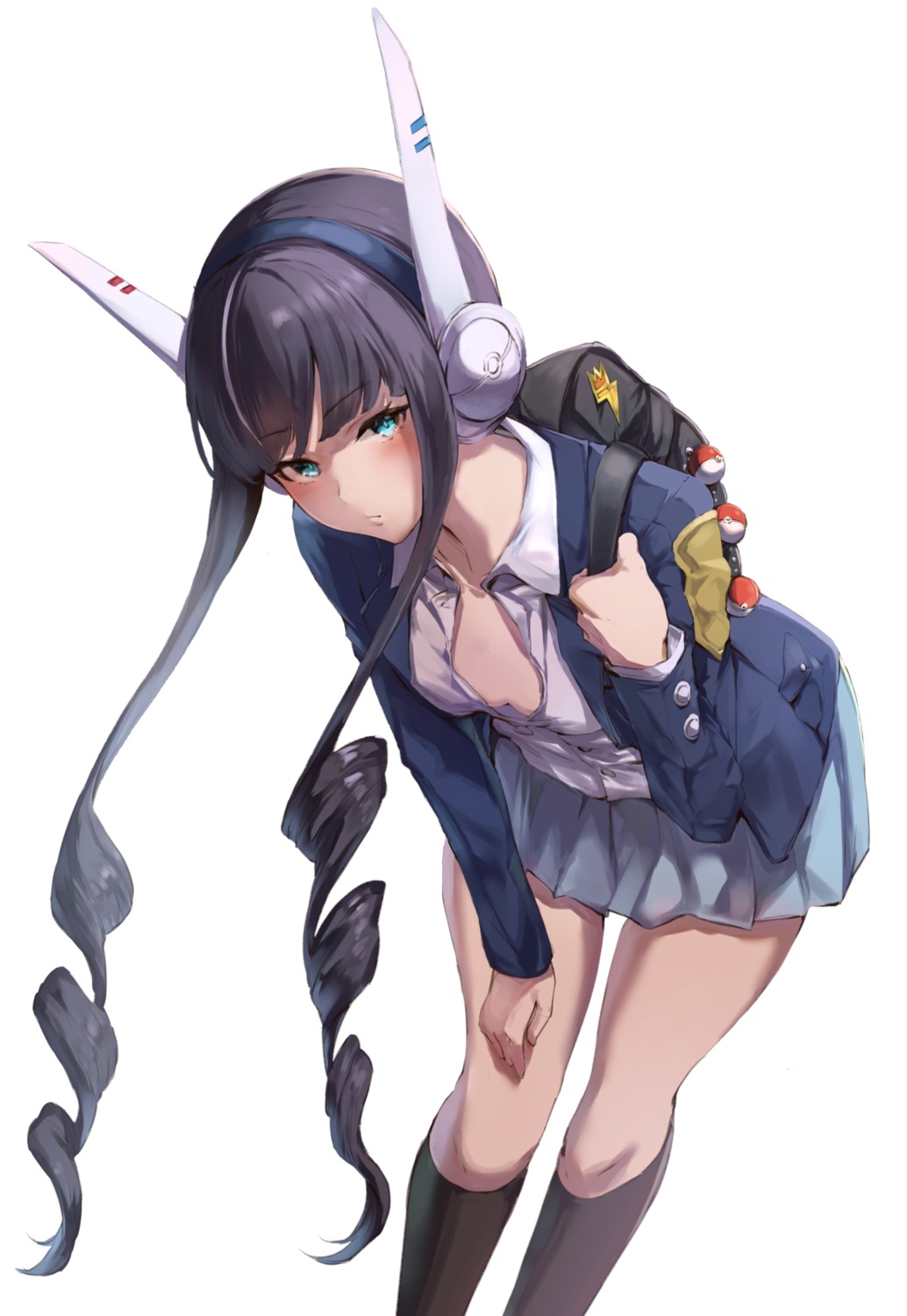 headphones jojobirdz kamitsure_(pokemon) no_bra open_shirt pokemon pokemon_b2w2 seifuku