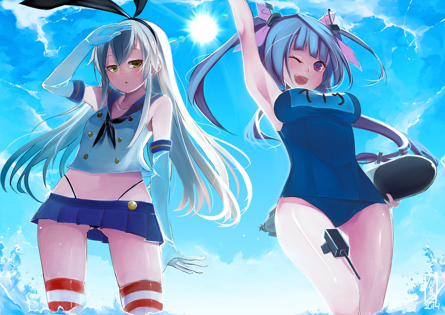 i-19_(kancolle) jun_project kantai_collection school_swimsuit seifuku shimakaze_(kancolle) swimsuits thighhighs thong wet