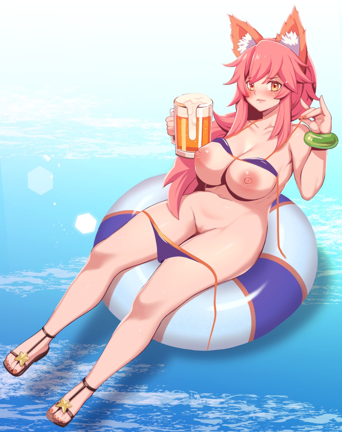 0.8 animal_ears bikini breasts censored fate/grand_order panty_pull pussy swimsuits tamamo_no_mae