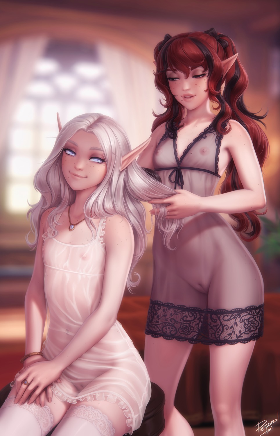 elf fleur_ladouce lingerie nipples nopan personal_ami pointy_ears pussy see_through thighhighs yuri